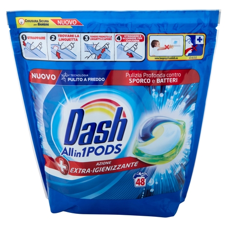 Dash PODS Allin1 Detersivo Lavatrice Capsule Bucato + Azione Extra-Igienizzante 48 Lavaggi 1305,6 g